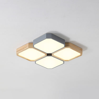 Checkered LED Flush Light Fixture Nordic Metal Grey and Wood Ceiling Lamp for Living Room 4 Grey Warm Clearhalo 'Ceiling Lights' 'Close To Ceiling Lights' 'Close to ceiling' 'Flush mount' Lighting' 2307501