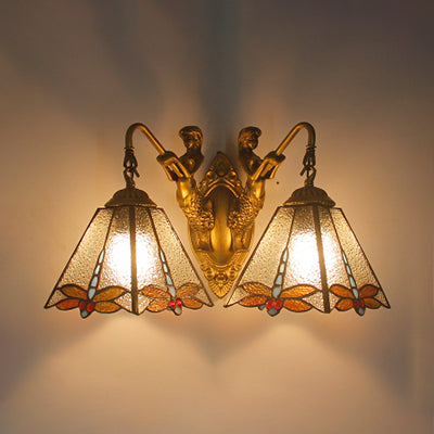 2 Heads Pyramid Sconce Lighting Tiffany White/Clear Glass Wall Mounted Light with Dragonfly Pattern Clear Clearhalo 'Industrial' 'Middle century wall lights' 'Tiffany wall lights' 'Tiffany' 'Wall Lamps & Sconces' 'Wall Lights' Lighting' 23075