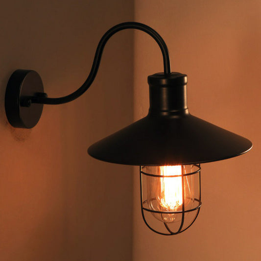 Black Conical Wall Lamp Industrial Metal 1 Head Corridor Gooseneck Wall Sconce with Cage - Clearhalo - 'Art deco wall lights' - 'Cast Iron' - 'Glass' - 'Industrial wall lights' - 'Industrial' - 'Middle century wall lights' - 'Modern' - 'Rustic wall lights' - 'Tiffany' - 'Traditional wall lights' - 'Wall Lamps & Sconces' - 'Wall Lights' - Lighting' - 2307879