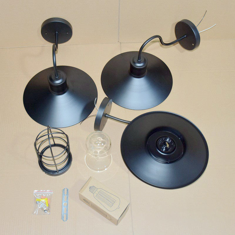 Black Conical Wall Lamp Industrial Metal 1 Head Corridor Gooseneck Wall Sconce with Cage Clearhalo 'Art deco wall lights' 'Cast Iron' 'Glass' 'Industrial wall lights' 'Industrial' 'Middle century wall lights' 'Modern' 'Rustic wall lights' 'Tiffany' 'Traditional wall lights' 'Wall Lamps & Sconces' 'Wall Lights' Lighting' 2307880