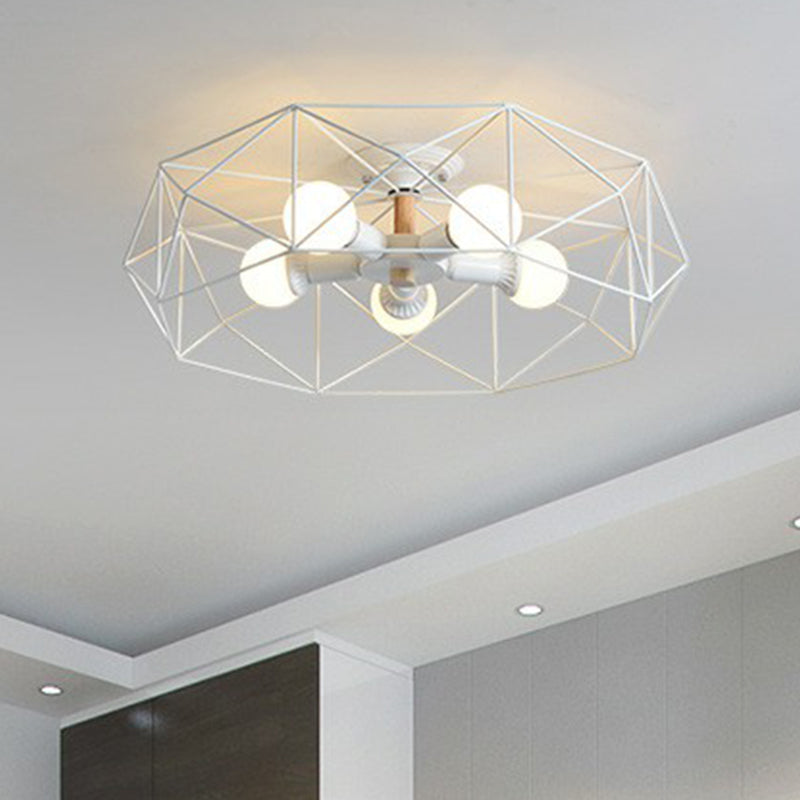 5 Bulbs Pentagram Cage Semi Flush Mounted Lamp Modern Metal Ceiling Light Fixture for Bedroom White Clearhalo 'Ceiling Lights' 'Close To Ceiling Lights' 'Close to ceiling' 'Semi-flushmount' Lighting' 2307884