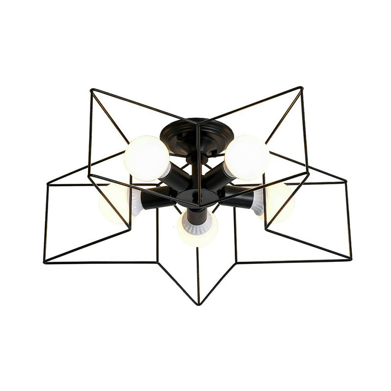 5 Bulbs Pentagram Cage Semi Flush Mounted Lamp Modern Metal Ceiling Light Fixture for Bedroom Clearhalo 'Ceiling Lights' 'Close To Ceiling Lights' 'Close to ceiling' 'Semi-flushmount' Lighting' 2307885