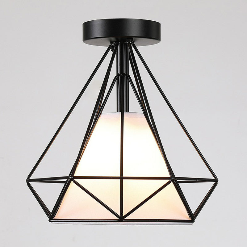 Black Diamond Cage Flush Mount Fixture Vintage Iron 1 Bulb Aisle Semi Flush Ceiling Light Clearhalo 'Ceiling Lights' 'Close To Ceiling Lights' 'Close to ceiling' 'Semi-flushmount' Lighting' 2307889
