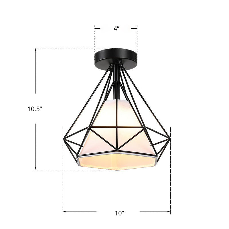 Black Diamond Cage Flush Mount Fixture Vintage Iron 1 Bulb Aisle Semi Flush Ceiling Light Clearhalo 'Ceiling Lights' 'Close To Ceiling Lights' 'Close to ceiling' 'Semi-flushmount' Lighting' 2307891
