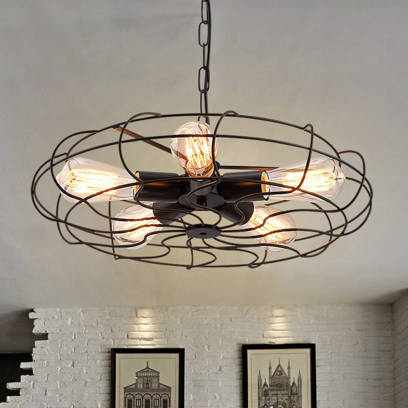 5-Light Cage Hanging Lamp Industrial Iron Chandelier Lighting Fixture for Bedroom Black Chain Clearhalo 'Cast Iron' 'Ceiling Lights' 'Chandeliers' 'Industrial Chandeliers' 'Industrial' 'Metal' 'Middle Century Chandeliers' 'Rustic Chandeliers' 'Tiffany' Lighting' 2307943
