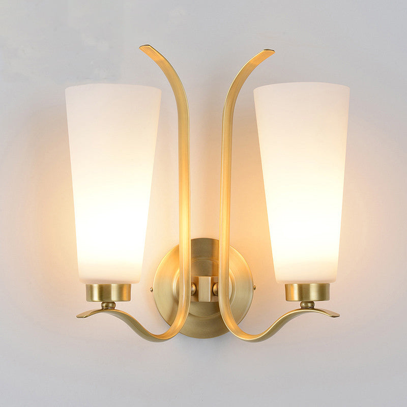 White Glass Brass Wall Lamp Cone 2-Light Vintage Wall Light Sconce with Metal Swooping Arm for Porch Clearhalo 'Wall Lamps & Sconces' 'Wall Lights' Lighting' 230990