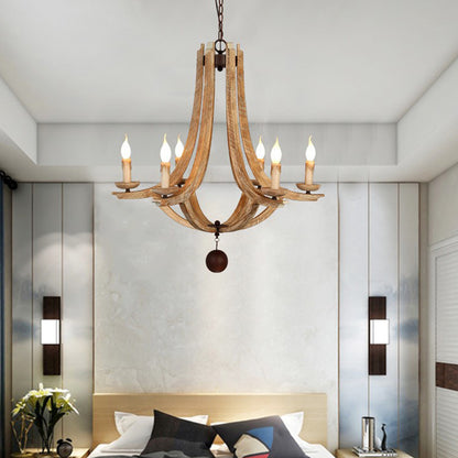 Rustic Laser-Cut Hanging Chandelier Wood 6 Bulbs Suspension Light in Beige for Bedroom Wood Clearhalo 'Ceiling Lights' 'Chandeliers' Lighting' options 230994_ab31827a-12b1-41b3-aac9-dddedb0a3e49