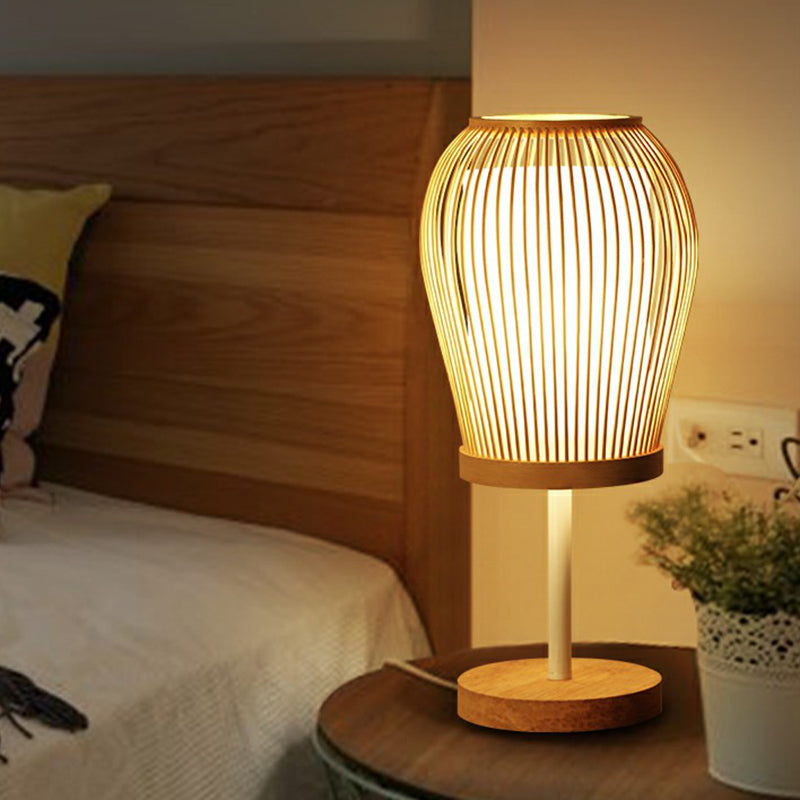 Wood Cage Night Lamp Nordic Single-Bulb Bamboo Table Light with Fabric Inner Shade Clearhalo 'Lamps' 'Table Lamps' Lighting' 2310396