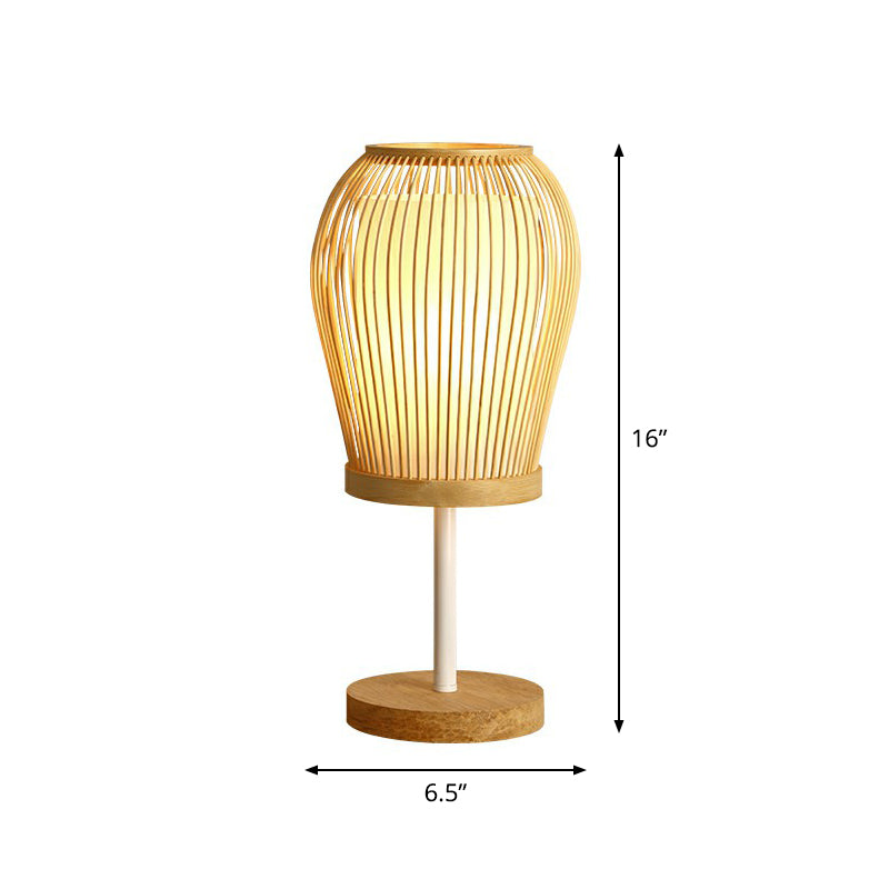 Wood Cage Night Lamp Nordic Single-Bulb Bamboo Table Light with Fabric Inner Shade Wood 16" Clearhalo 'Lamps' 'Table Lamps' Lighting' 2310397