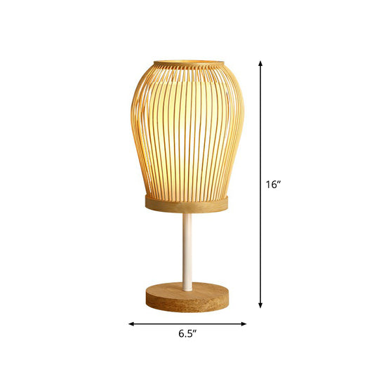 Wood Cage Night Lamp Nordic Single-Bulb Bamboo Table Light with Fabric Inner Shade Wood 16" Clearhalo 'Lamps' 'Table Lamps' Lighting' 2310397