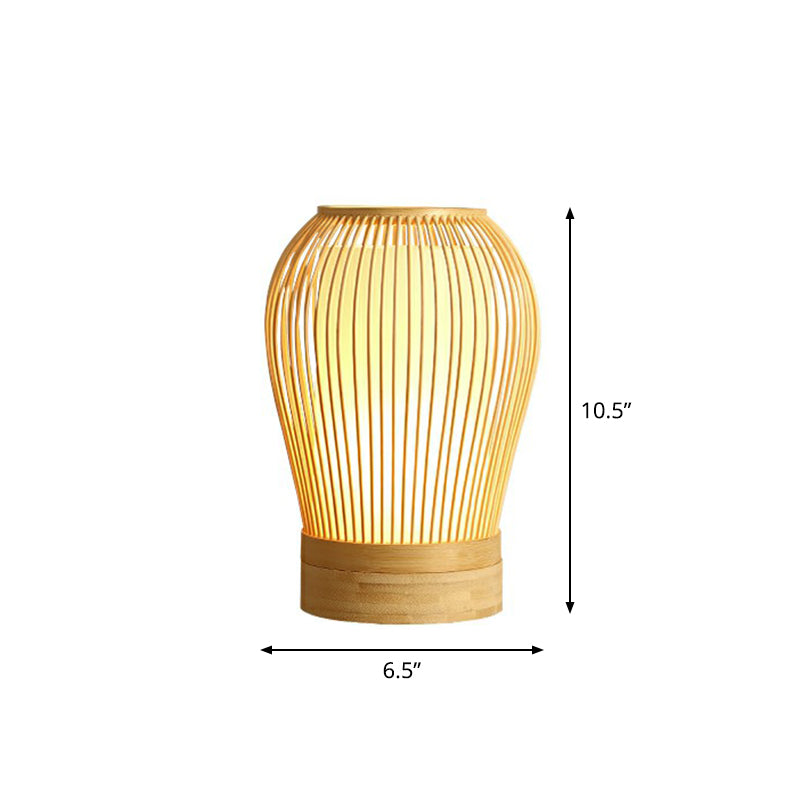 Wood Cage Night Lamp Nordic Single-Bulb Bamboo Table Light with Fabric Inner Shade Wood 10.5" Clearhalo 'Lamps' 'Table Lamps' Lighting' 2310398