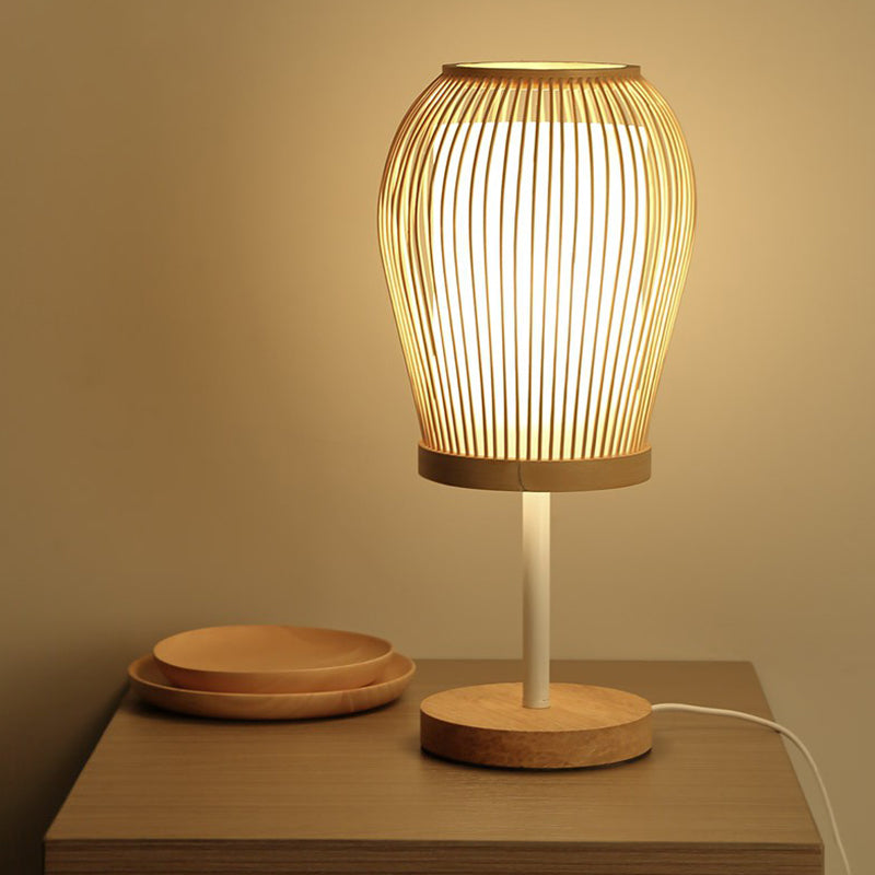 Wood Cage Night Lamp Nordic Single-Bulb Bamboo Table Light with Fabric Inner Shade Clearhalo 'Lamps' 'Table Lamps' Lighting' 2310399