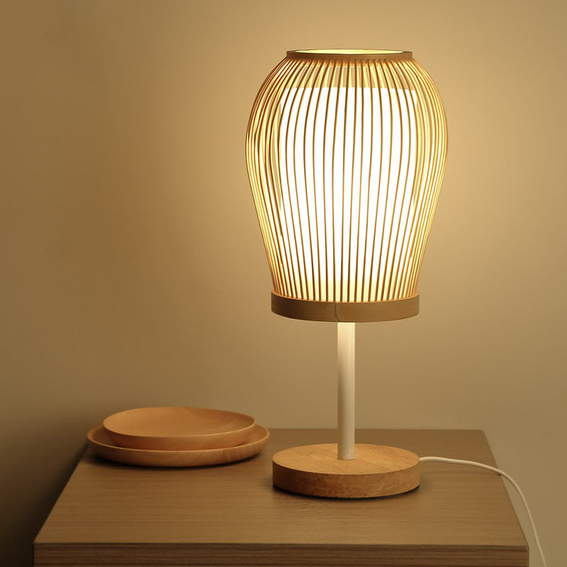 Wood Cage Night Lamp Nordic Single-Bulb Bamboo Table Light with Fabric Inner Shade Clearhalo 'Lamps' 'Table Lamps' Lighting' 2310400