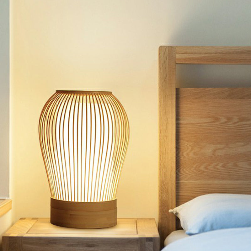 Wood Cage Night Lamp Nordic Single-Bulb Bamboo Table Light with Fabric Inner Shade Clearhalo 'Lamps' 'Table Lamps' Lighting' 2310401