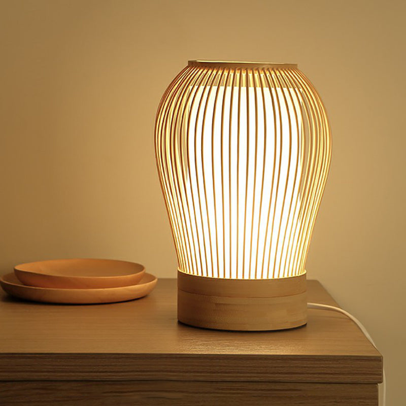 Wood Cage Night Lamp Nordic Single-Bulb Bamboo Table Light with Fabric Inner Shade Clearhalo 'Lamps' 'Table Lamps' Lighting' 2310402