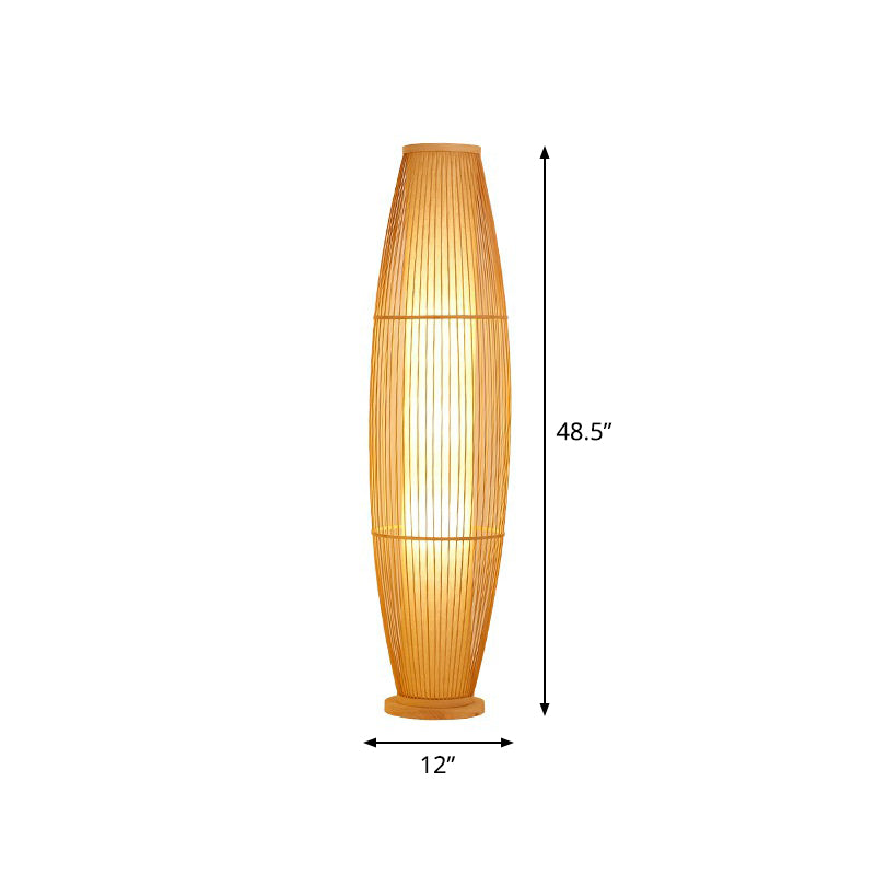 1-Head Living Room Floor Light Modern Wood Standing Lamp with Oval Bamboo Cage Shade Wood 48" Clearhalo 'Floor Lamps' 'Lamps' Lighting' 2310409
