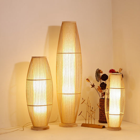 1-Head Living Room Floor Light Modern Wood Standing Lamp with Oval Bamboo Cage Shade Clearhalo 'Floor Lamps' 'Lamps' Lighting' 2310411