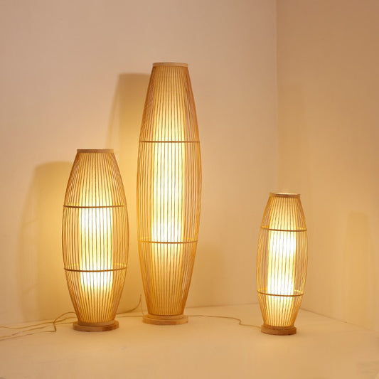 1-Head Living Room Floor Light Modern Wood Standing Lamp with Oval Bamboo Cage Shade Clearhalo 'Floor Lamps' 'Lamps' Lighting' 2310413