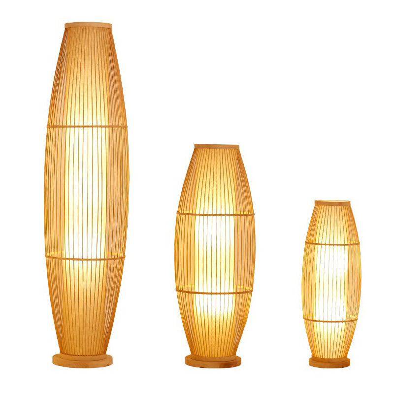 1-Head Living Room Floor Light Modern Wood Standing Lamp with Oval Bamboo Cage Shade Clearhalo 'Floor Lamps' 'Lamps' Lighting' 2310415