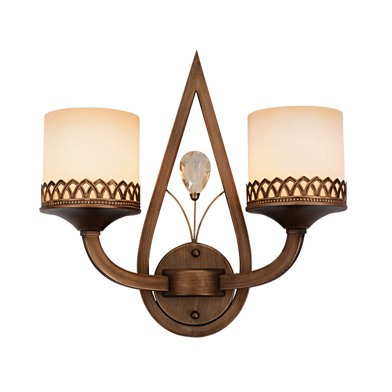 Coffee Cylinder Wall Light Fixture Retro Milk Glass Shade 1/2-Light Living Room Wall Lamp with Crystal Accent Clearhalo 'Wall Lamps & Sconces' 'Wall Lights' Lighting' 231043