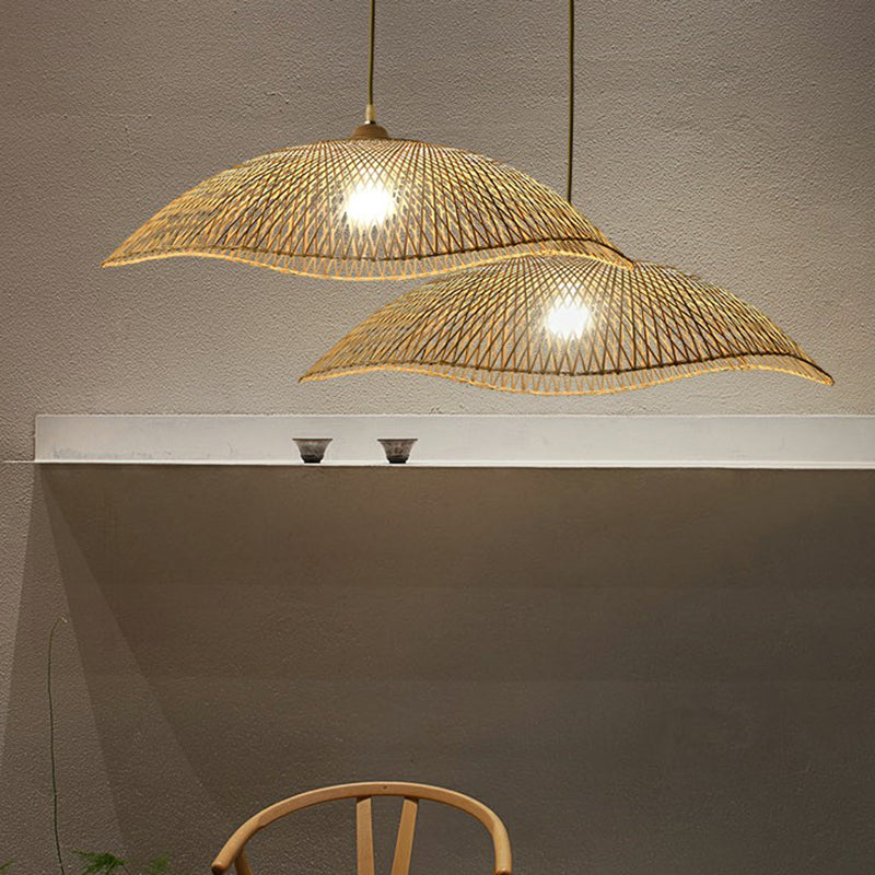 Wave-Edge Suspension Lighting Asian Bamboo 1-Bulb Bedroom Pendant Light in Beige Clearhalo 'Ceiling Lights' 'Pendant Lights' 'Pendants' Lighting' 2310460