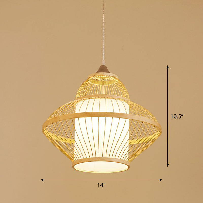 Cage Style Bamboo Pendant Ceiling Light Chinese 1 Bulb Beige Hanging Light for Tearoom Clearhalo 'Ceiling Lights' 'Pendant Lights' 'Pendants' Lighting' 2310494