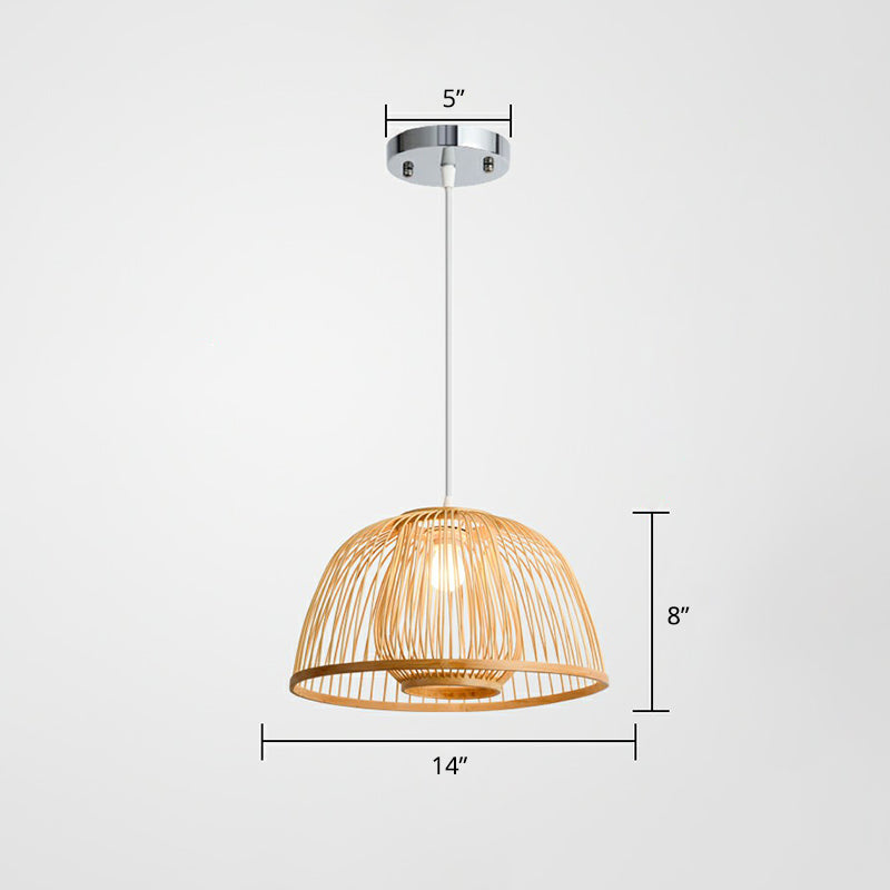 Wood Domed Ceiling Hang Light Modern 1 Head Bamboo Suspension Lamp with Cage Inner Wood 14" Clearhalo 'Ceiling Lights' 'Modern Pendants' 'Modern' 'Pendant Lights' 'Pendants' Lighting' 2310606