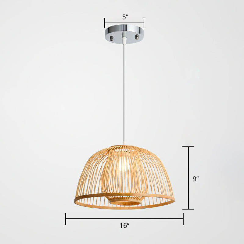 Wood Domed Ceiling Hang Light Modern 1 Head Bamboo Suspension Lamp with Cage Inner Wood 16" Clearhalo 'Ceiling Lights' 'Modern Pendants' 'Modern' 'Pendant Lights' 'Pendants' Lighting' 2310607