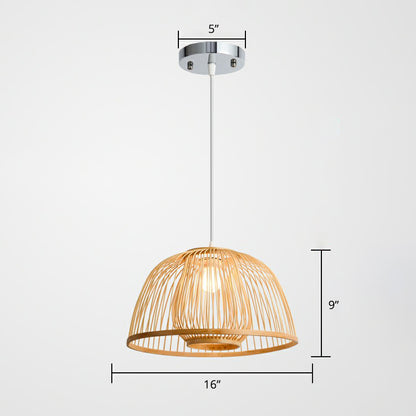 Wood Domed Ceiling Hang Light Modern 1 Head Bamboo Suspension Lamp with Cage Inner Wood 16" Clearhalo 'Ceiling Lights' 'Modern Pendants' 'Modern' 'Pendant Lights' 'Pendants' Lighting' 2310607