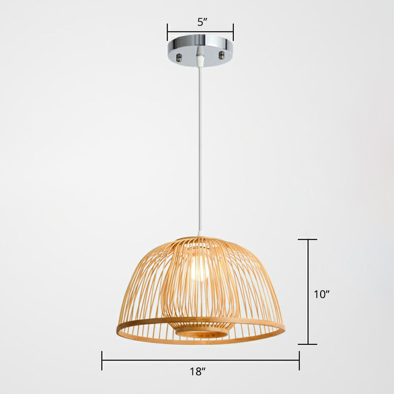 Wood Domed Ceiling Hang Light Modern 1 Head Bamboo Suspension Lamp with Cage Inner Wood 18" Clearhalo 'Ceiling Lights' 'Modern Pendants' 'Modern' 'Pendant Lights' 'Pendants' Lighting' 2310609