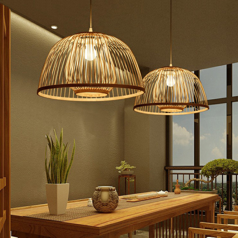 Wood Domed Ceiling Hang Light Modern 1 Head Bamboo Suspension Lamp with Cage Inner Clearhalo 'Ceiling Lights' 'Modern Pendants' 'Modern' 'Pendant Lights' 'Pendants' Lighting' 2310610