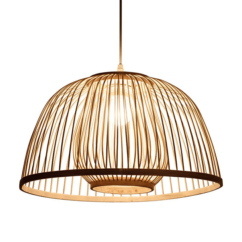 Wood Domed Ceiling Hang Light Modern 1 Head Bamboo Suspension Lamp with Cage Inner Clearhalo 'Ceiling Lights' 'Modern Pendants' 'Modern' 'Pendant Lights' 'Pendants' Lighting' 2310612