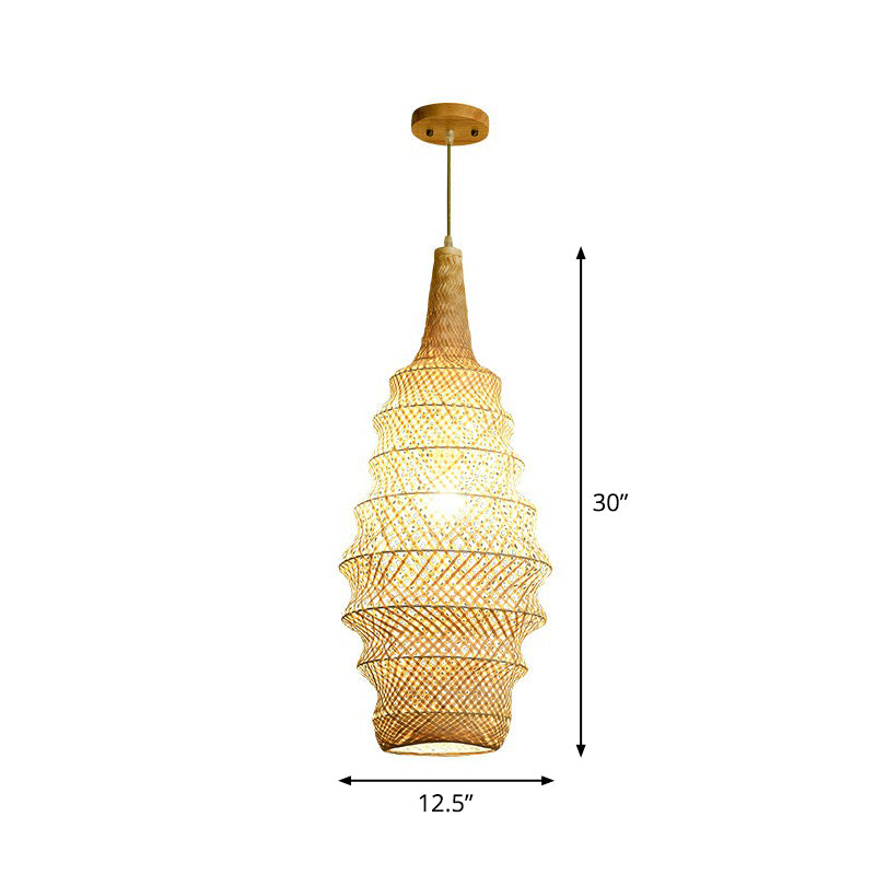 Bamboo Cage Pendant Light Fixture Asia 1-Head Wood Suspension Lighting for Restaurant Clearhalo 'Ceiling Lights' 'Pendant Lights' 'Pendants' Lighting' 2310646