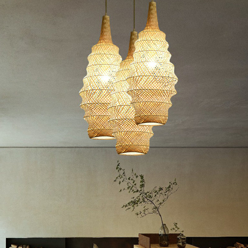 Bamboo Cage Pendant Light Fixture Asia 1-Head Wood Suspension Lighting for Restaurant Clearhalo 'Ceiling Lights' 'Pendant Lights' 'Pendants' Lighting' 2310647