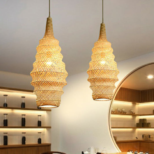 Bamboo Cage Pendant Light Fixture Asia 1-Head Wood Suspension Lighting for Restaurant Clearhalo 'Ceiling Lights' 'Pendant Lights' 'Pendants' Lighting' 2310648