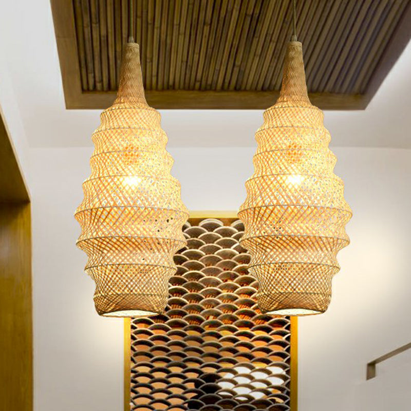 Bamboo Cage Pendant Light Fixture Asia 1-Head Wood Suspension Lighting for Restaurant Clearhalo 'Ceiling Lights' 'Pendant Lights' 'Pendants' Lighting' 2310649