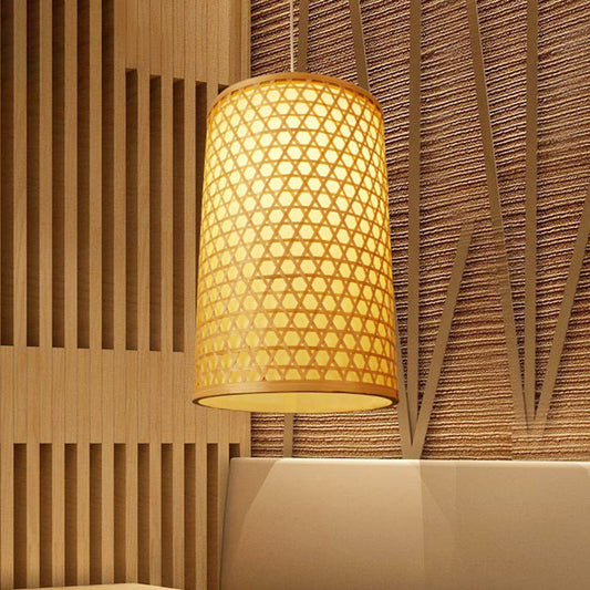 1 Bulb Restaurant Pendant Ceiling Light Simplicity Beige Pendulum Light with Cylinder Bamboo Shade Clearhalo 'Ceiling Lights' 'Pendant Lights' 'Pendants' Lighting' 2310653