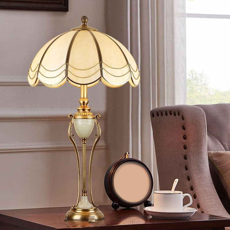 Metal Bronze Night Light Font Shaped 1 Bulb Traditional Table Lamp with Scalloped Lampshade Bronze Frosted Glass Clearhalo 'Lamps' 'Table Lamps' Lighting' 2310698