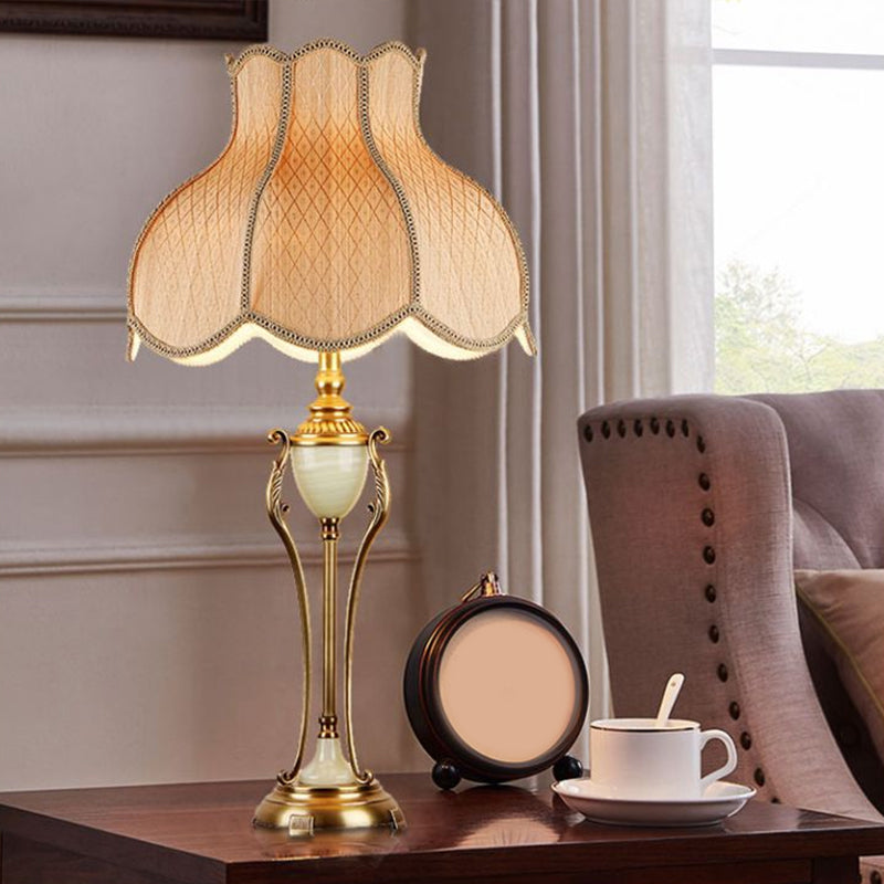 Metal Bronze Night Light Font Shaped 1 Bulb Traditional Table Lamp with Scalloped Lampshade Bronze Fabric Clearhalo 'Lamps' 'Table Lamps' Lighting' 2310699