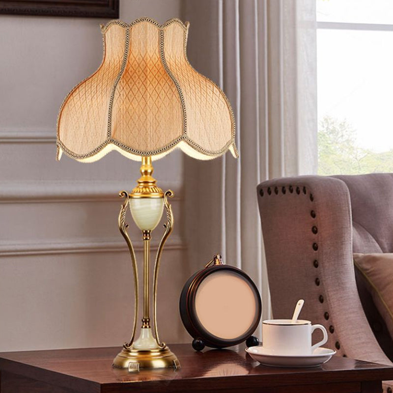 Metal Bronze Night Light Font Shaped 1 Bulb Traditional Table Lamp with Scalloped Lampshade Bronze Fabric Clearhalo 'Lamps' 'Table Lamps' Lighting' 2310699