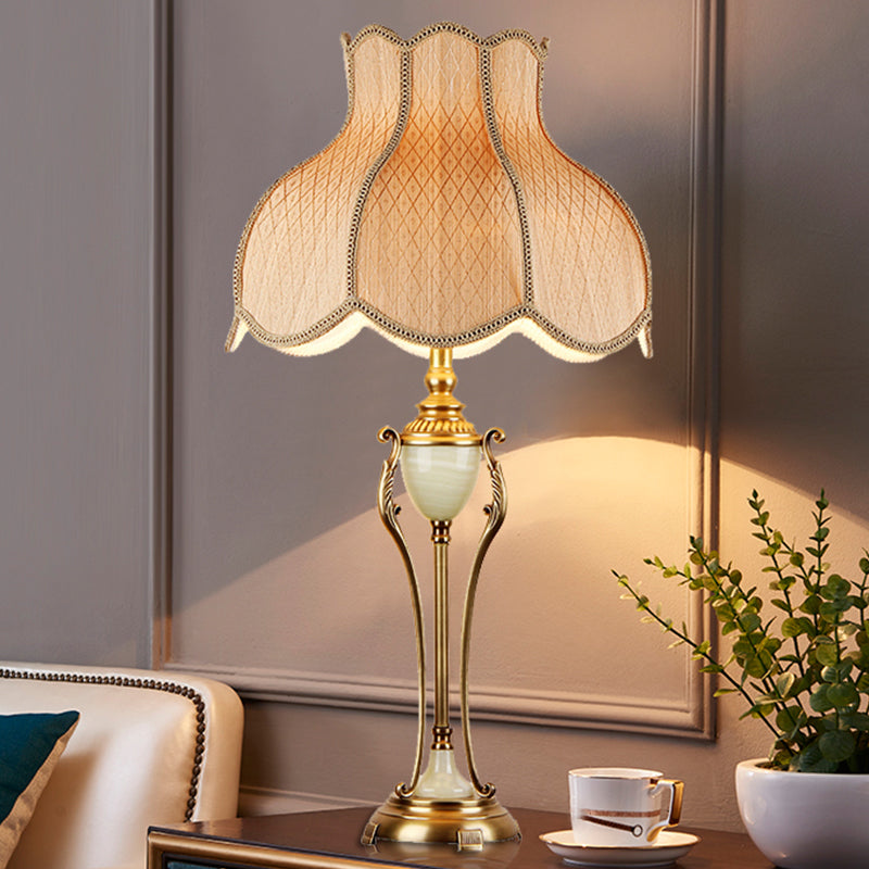 Metal Bronze Night Light Font Shaped 1 Bulb Traditional Table Lamp with Scalloped Lampshade Clearhalo 'Lamps' 'Table Lamps' Lighting' 2310703