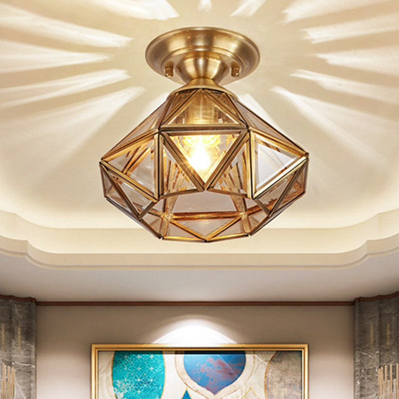 Brass Diamond Shaped Flush Light Vintage Amber Glass 1 Head Foyer Semi Flush Ceiling Light Clearhalo 'Ceiling Lights' 'Close To Ceiling Lights' 'Close to ceiling' 'Semi-flushmount' Lighting' 2310705