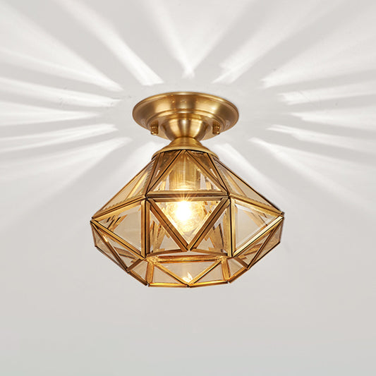 Brass Diamond Shaped Flush Light Vintage Amber Glass 1 Head Foyer Semi Flush Ceiling Light Clearhalo 'Ceiling Lights' 'Close To Ceiling Lights' 'Close to ceiling' 'Semi-flushmount' Lighting' 2310707