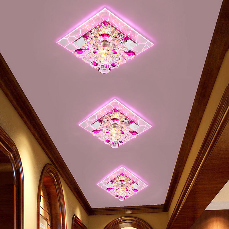 Flower Crystal Square Ceiling Lamp Contemporary Clear LED Flush Mounted Lamp for Hall Clear Pink Clearhalo 'Ceiling Lights' 'Close To Ceiling Lights' 'Close to ceiling' 'Flush mount' Lighting' 2310794