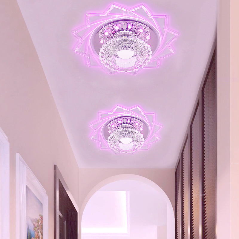 Hallway LED Flush Ceiling Light Modern Stainless Steel Flushmount with Sunflower Clear Crystal Shade Clear Pink Clearhalo 'Ceiling Lights' 'Close To Ceiling Lights' 'Close to ceiling' 'Flush mount' Lighting' 2310851