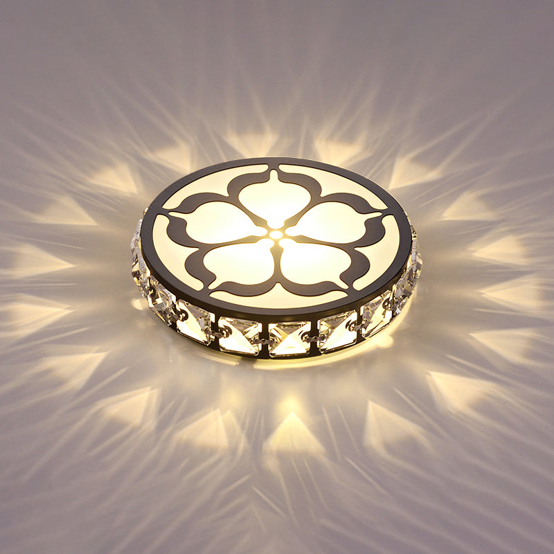 Ultrathin Round LED Flush Mount Light Fixture Simple Crystal Corridor Ceiling Lamp with Flower Pattern Black Warm Clearhalo 'Ceiling Lights' 'Close To Ceiling Lights' 'Close to ceiling' 'Flush mount' Lighting' 2310860