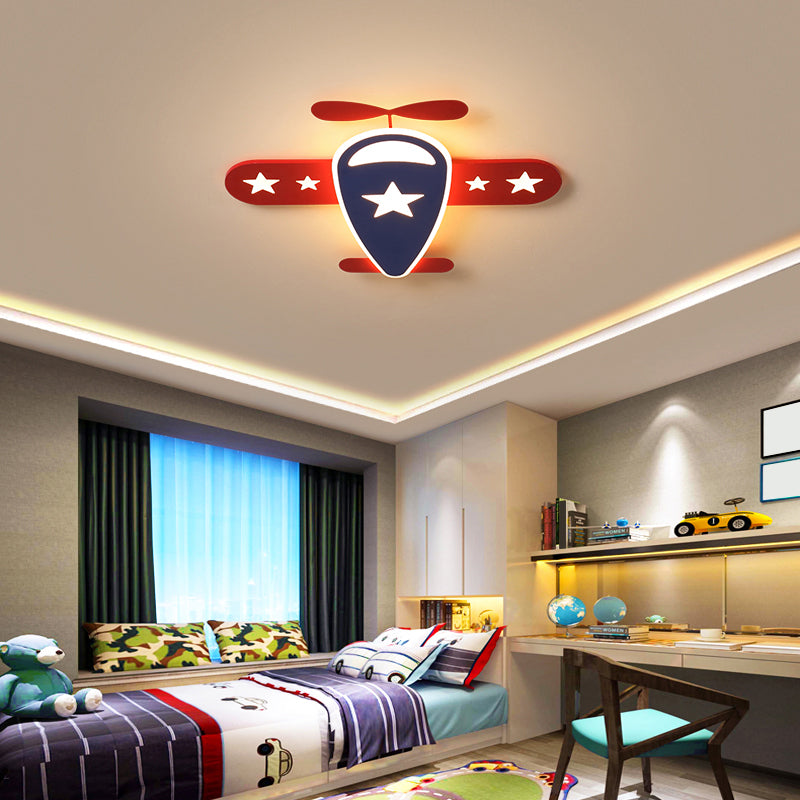 Airplane Ceiling Flush Light Fixture Cartoon Metal Boys Room LED Flush Mount in Red-Navy Blue Red Warm Clearhalo 'Ceiling Lights' 'Close To Ceiling Lights' 'Close to ceiling' 'Flush mount' Lighting' 2310917
