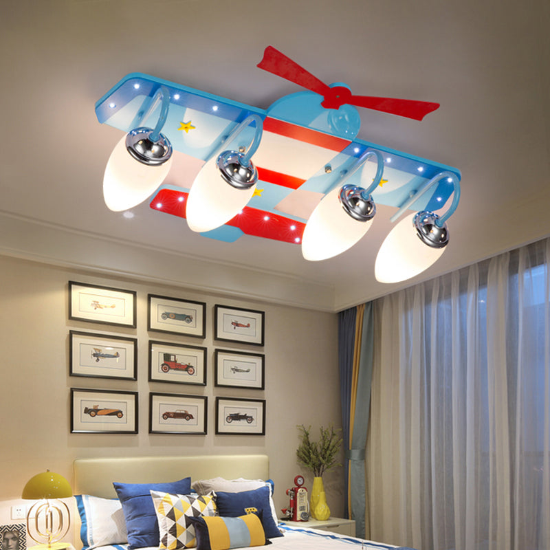 Cartoon Pro Plane Flush Mounted Light Wooden 4 Lights Child Bedroom Flush Mount Ceiling Fixture in Blue Clearhalo 'Ceiling Lights' 'Close To Ceiling Lights' 'Close to ceiling' 'Flush mount' Lighting' 2310939