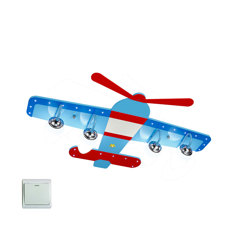 Cartoon Pro Plane Flush Mounted Light Wooden 4 Lights Child Bedroom Flush Mount Ceiling Fixture in Blue Blue 29.5" Clearhalo 'Ceiling Lights' 'Close To Ceiling Lights' 'Close to ceiling' 'Flush mount' Lighting' 2310941