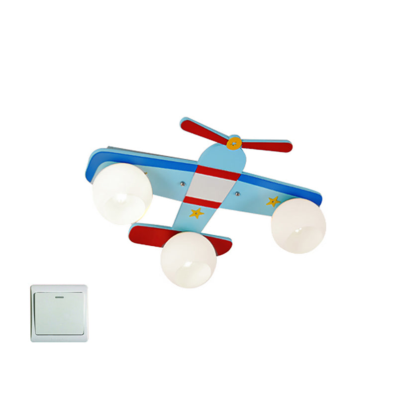 Cartoon Pro Plane Flush Mounted Light Wooden 4 Lights Child Bedroom Flush Mount Ceiling Fixture in Blue Blue 23.5" Clearhalo 'Ceiling Lights' 'Close To Ceiling Lights' 'Close to ceiling' 'Flush mount' Lighting' 2310942